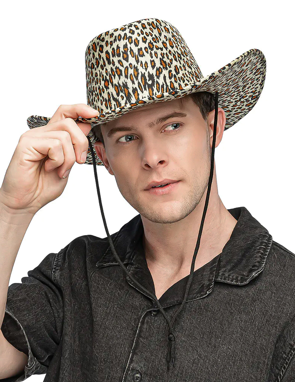 Chapeau cowboy léopard pour homme avec cordon noir
