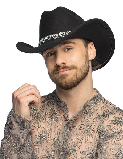 Čierny kovbojský klobúk s trblietavými srdiečkami pre dospelých 