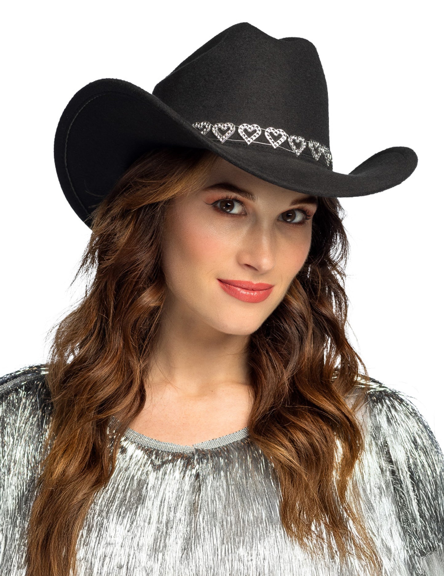 Čierny kovbojský klobúk s trblietavými srdiečkami pre dospelých 