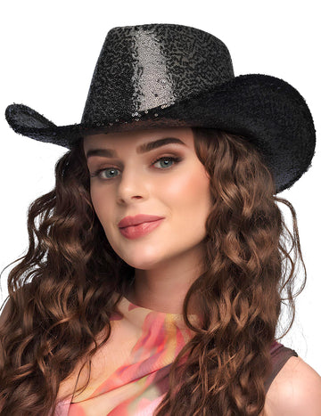 Dospelý čierny kovbojský klobúk s flitrami