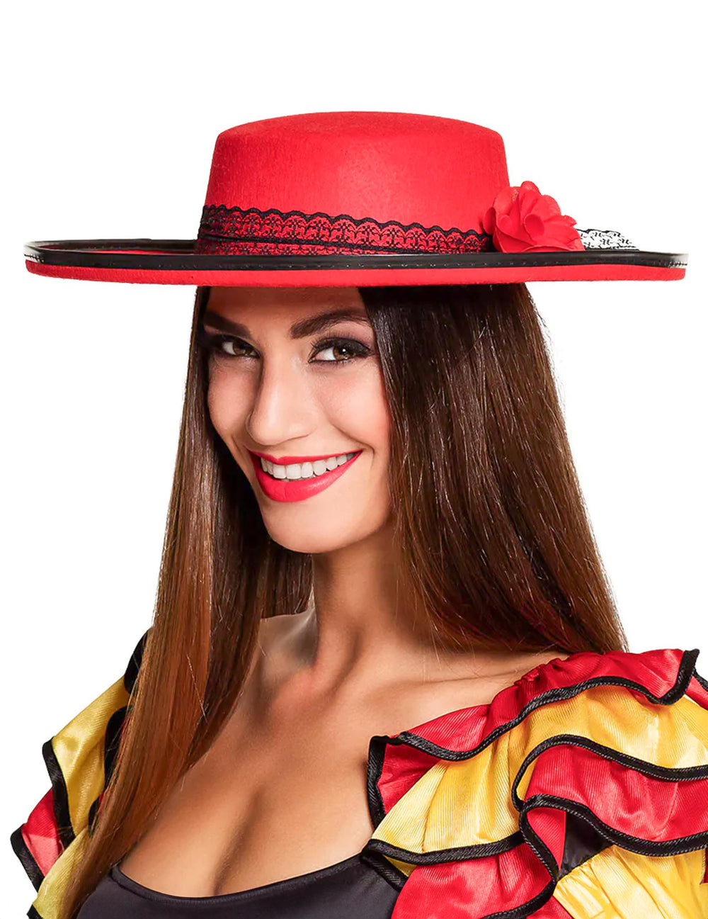 Chapeau de danseuse espagnole pour femme rouge avec dentelle noire et fleur