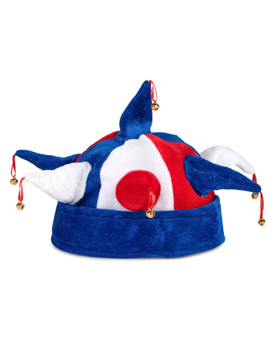 Chapeau de bouffon tricolore supporter France pour adulte bleu blanc rouge avec grelots
