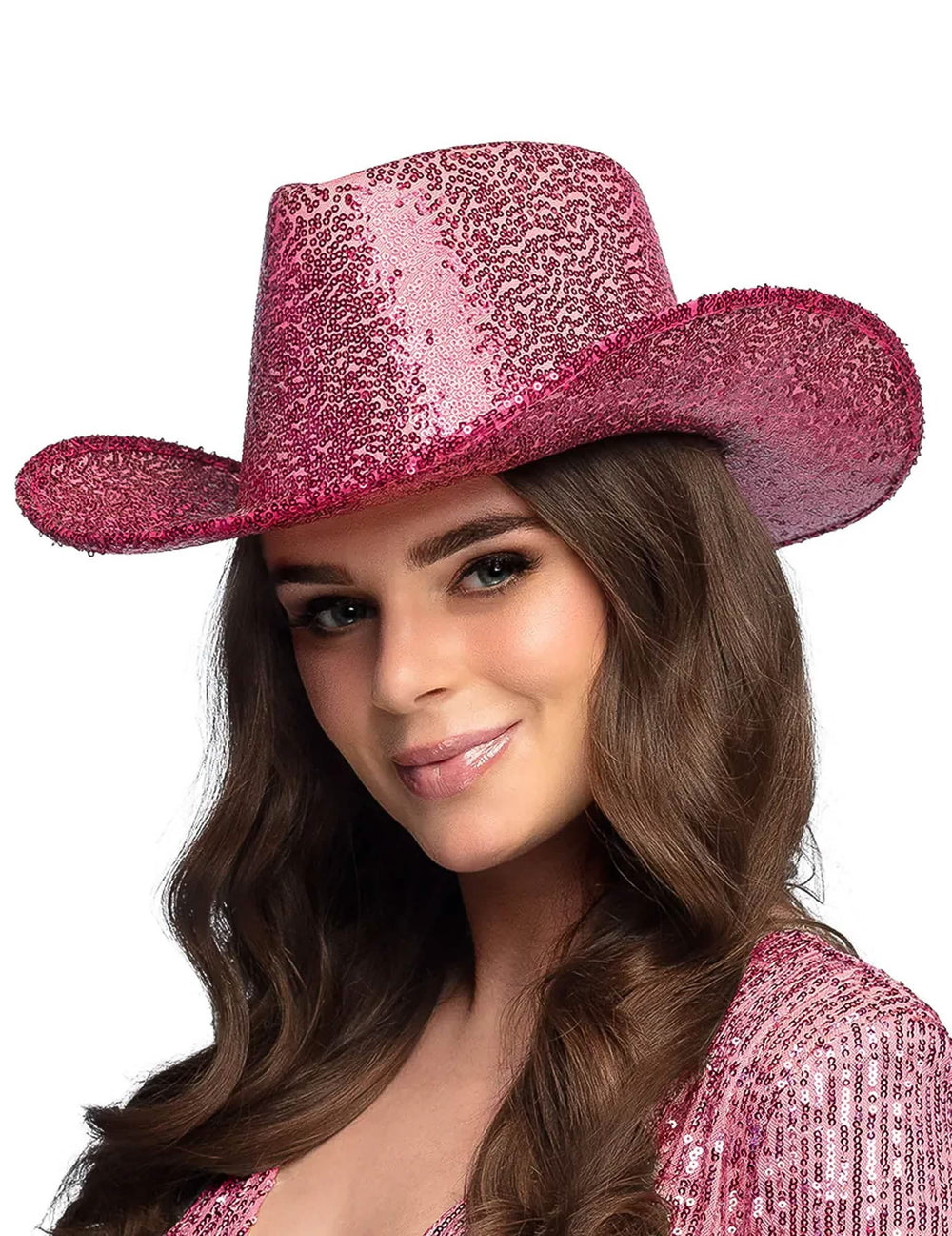 Chapeau de cowboy à sequins pour adulte rose fuchsia
