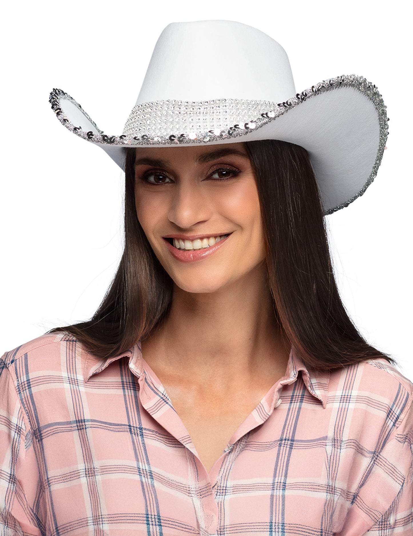 Biely kovbojský klobúk pre dospelých s kamienkami