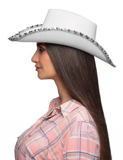 Biely kovbojský klobúk pre dospelých s kamienkami