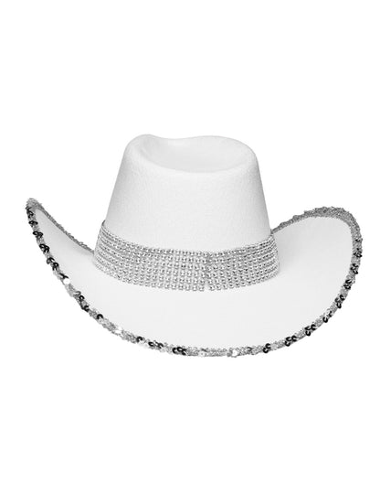 Biely kovbojský klobúk pre dospelých s kamienkami