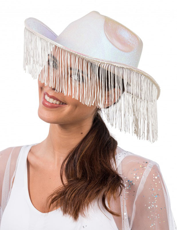 Chapeau de cowboy pour adulte irisé blanc avec franges
