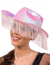 Chapeau de cowboy irisé rose avec franges pour adulte