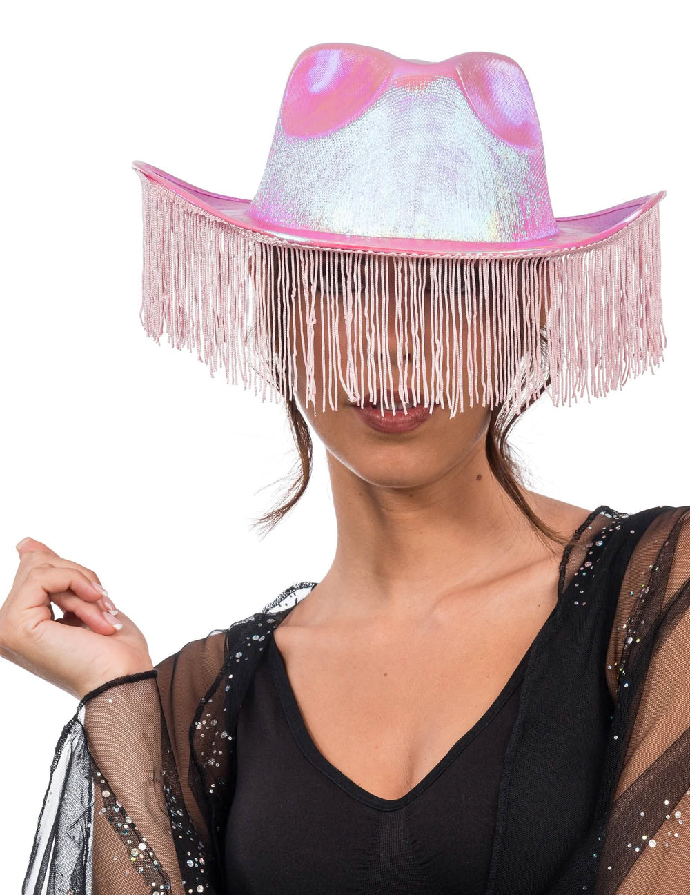 Vue de face du chapeau de cowboy irisé rose avec franges pour adulte