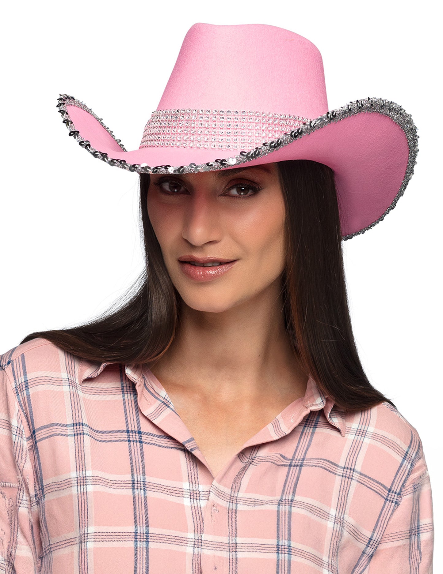 Kovbojský klobúk pre dospelých svetloružovej farby s kamienkami