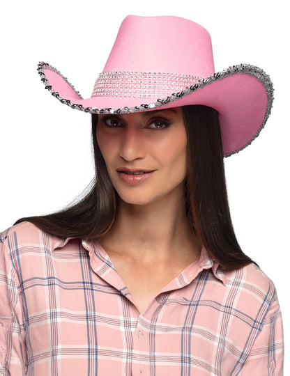 Kovbojský klobúk pre dospelých svetloružovej farby s kamienkami