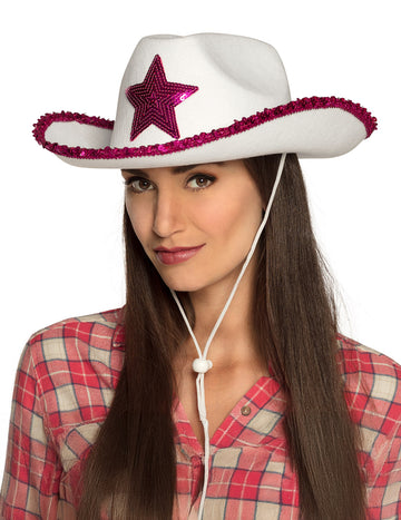 Biela klobúk s kravou s ružovými flitrovými hviezdami