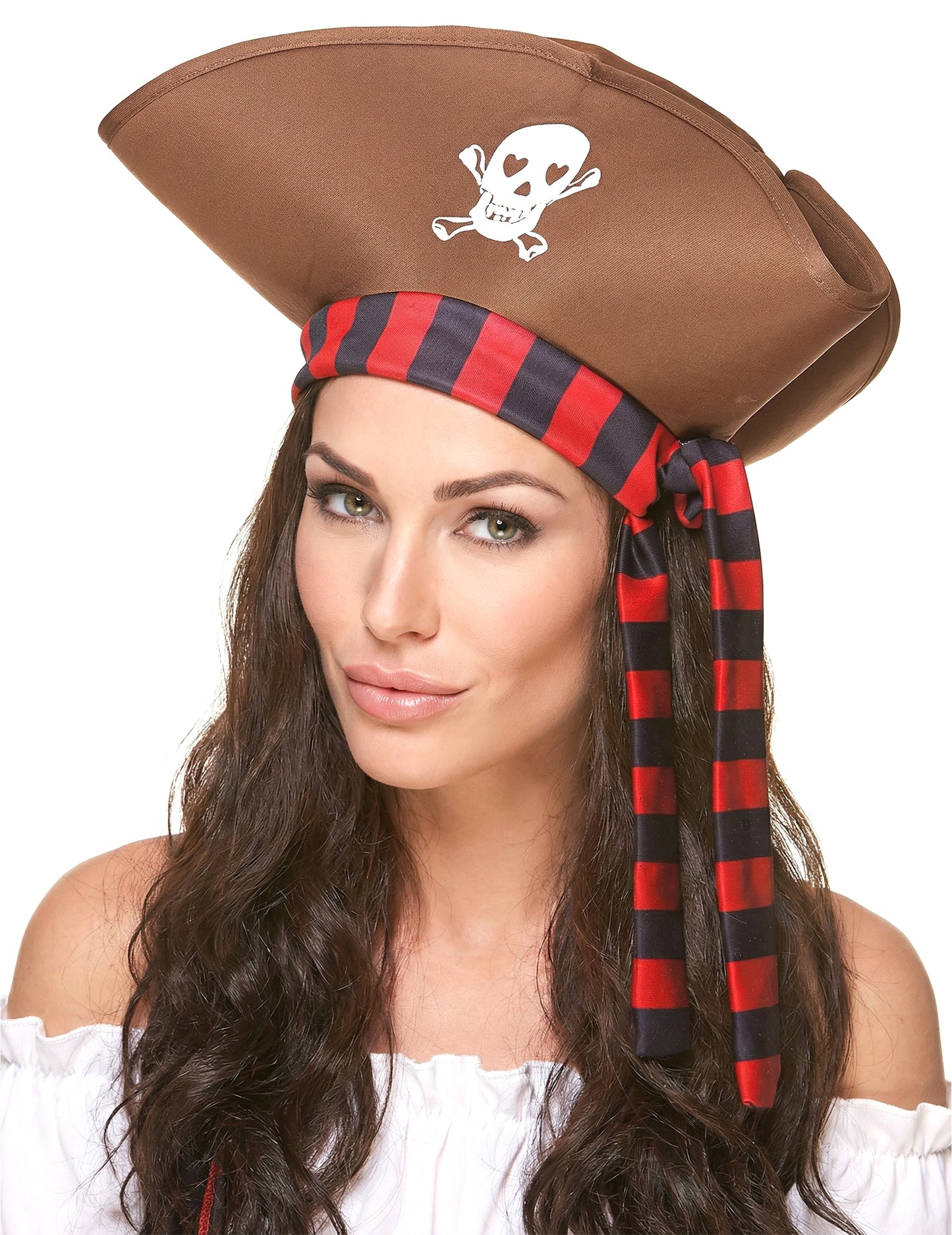 Chapeau de pirate pour adulte marron avec bandana rayé rouge et noir et tête de mort