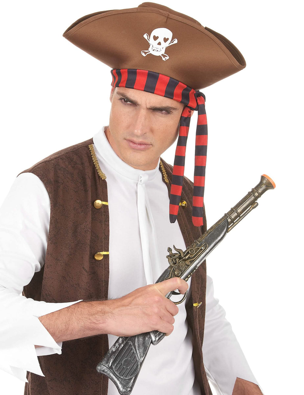 Pohľad spredu s pištoľou na pirátskom klobúku pre dospelý