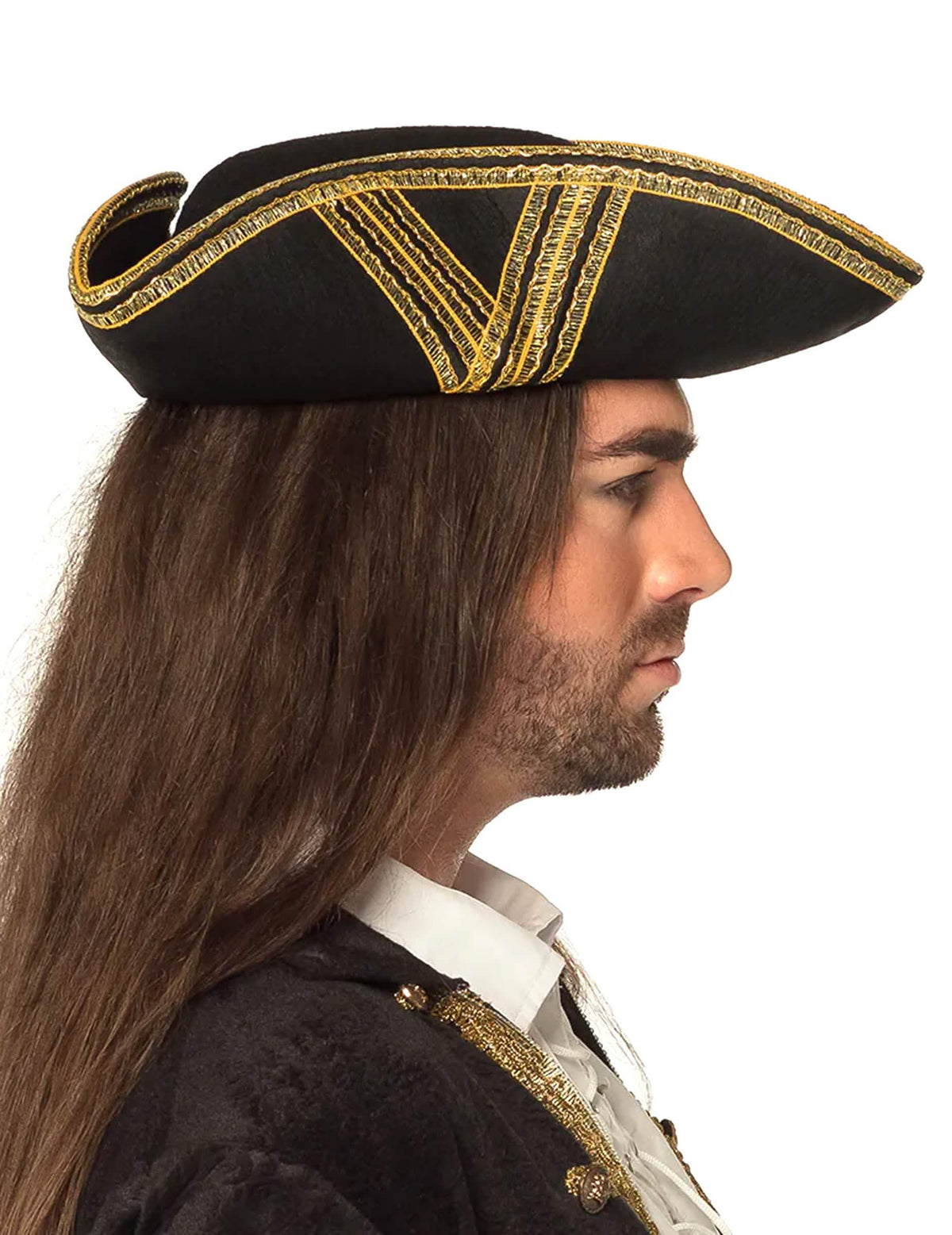 Bočný pohľad na pirátsky klobúk pre dospelého čierna so zlatým lemom
