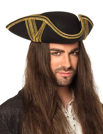 Chapeau de pirate pour adulte noir à liseré or