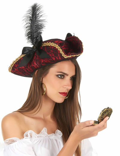 Chapeau de pirate pour adulte rouge et noir avec plume et dentelle