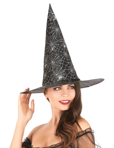 Chapeau de sorcière pour adulte noir avec toiles d'araignée blanches