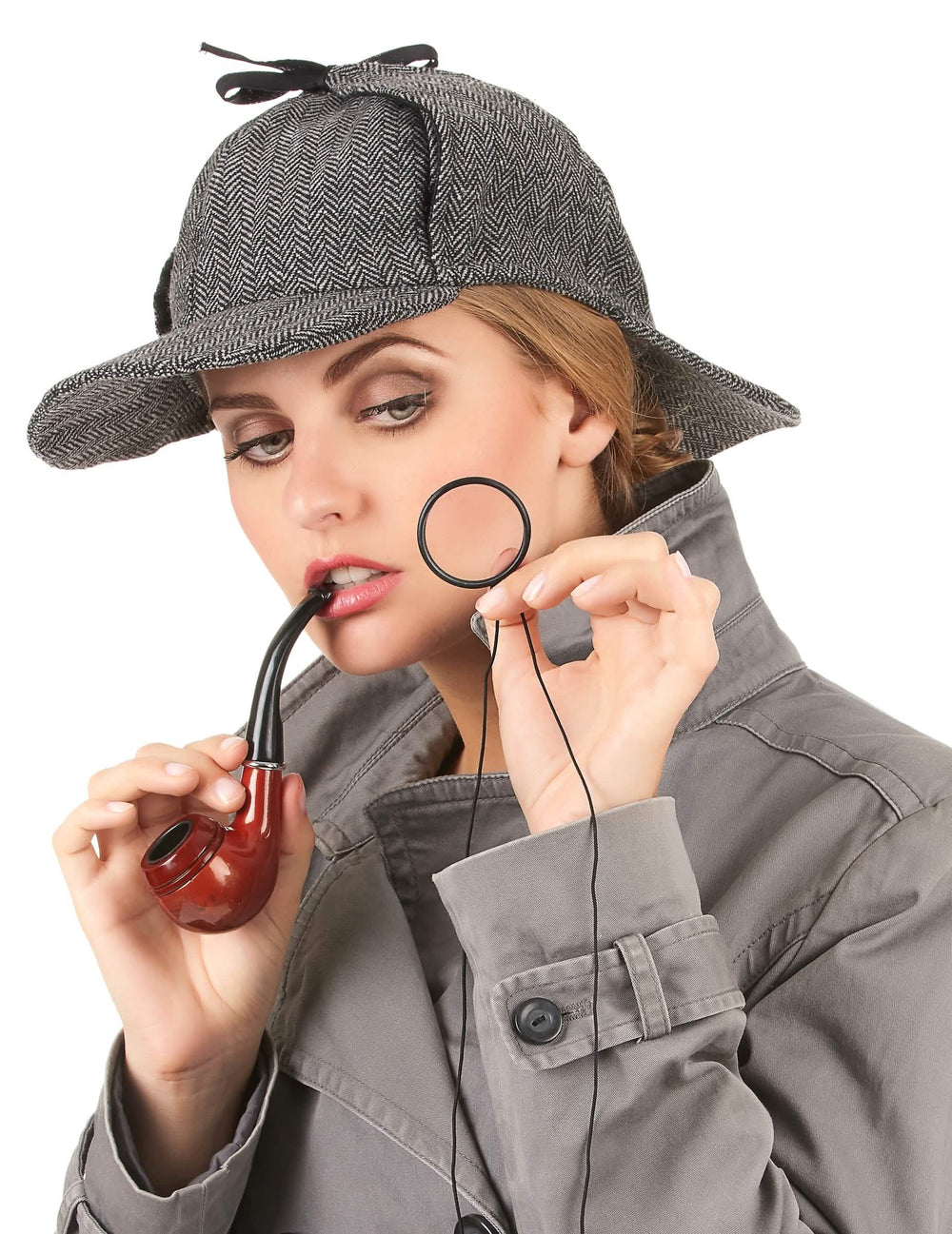 Predný pohľad s doplnky anglického detektívneho klobúka pre dospelý