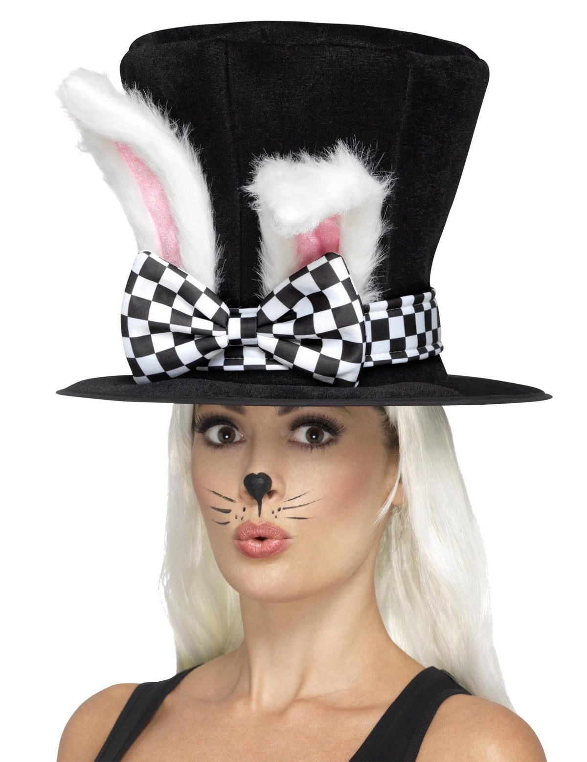 Chapeau haut de forme lapin pour adulte noir avec oreilles blanches et nœud à damier