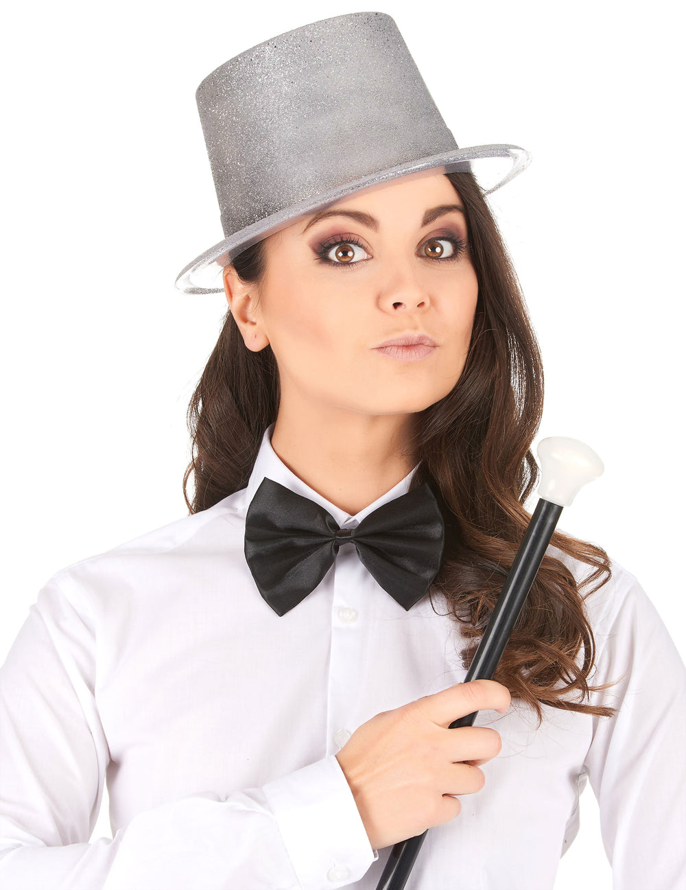 Chapeau haut de forme en plastique pailleté pour adulte argent