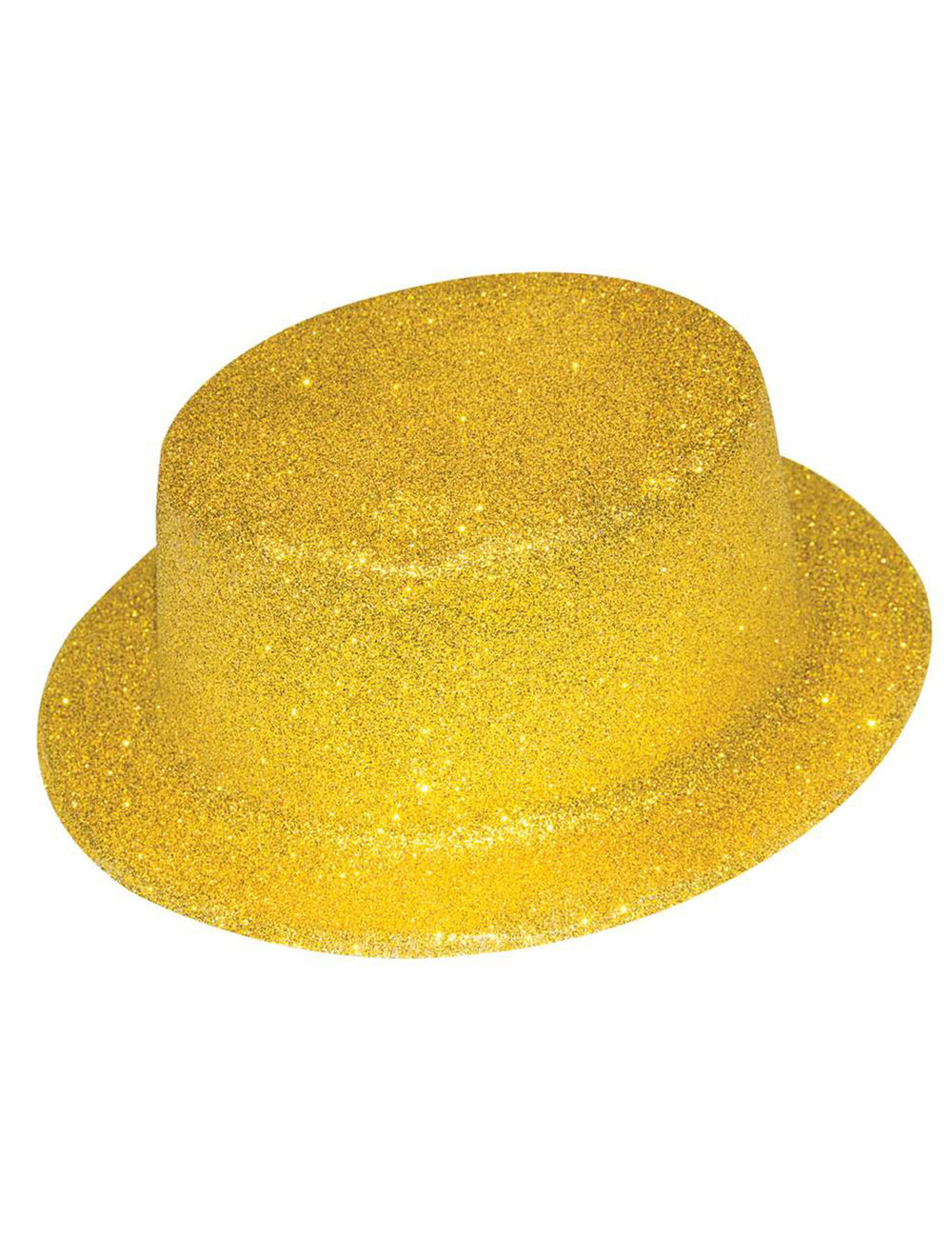 Vue de trois-quarts du chapeau haut de forme plastique or