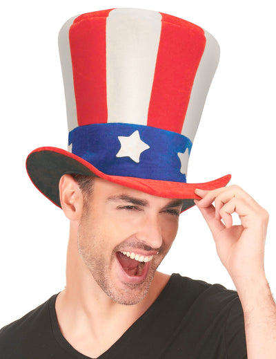 Chapeau haut de forme USA pour adulte rayé rouge et blanc avec étoiles blanches