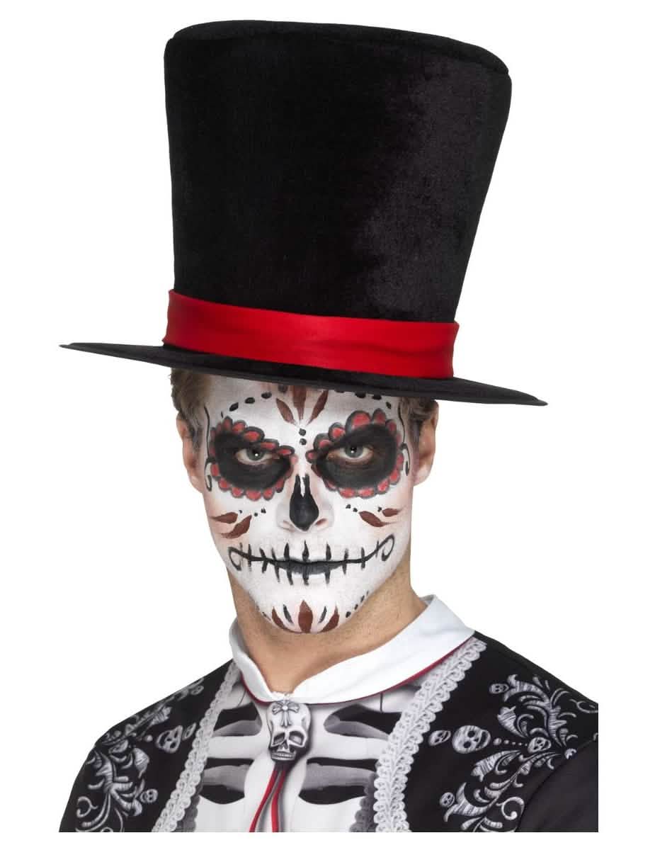 cylinder z velúru Dia de los Muertos pre dospelý čierna s červená stuhou