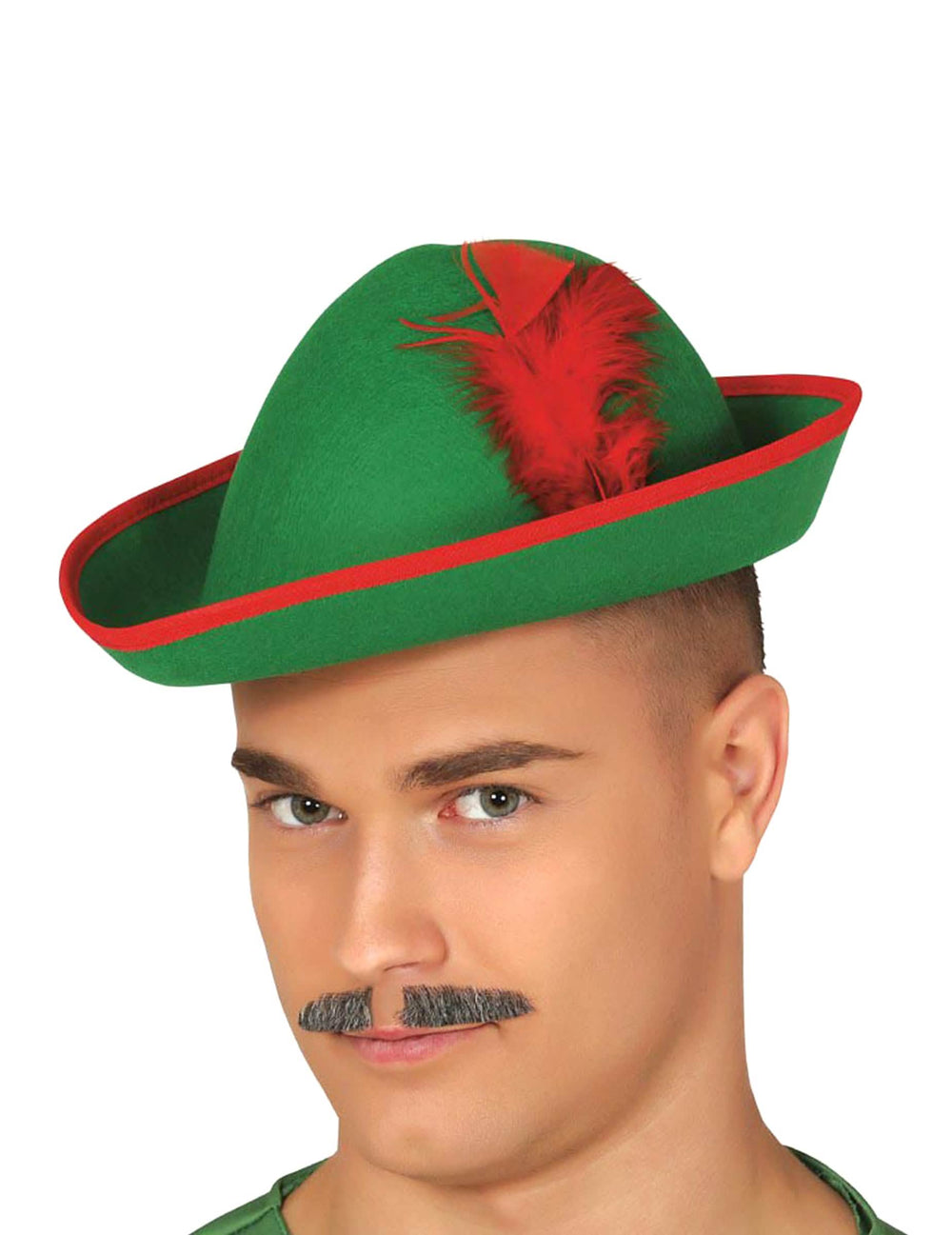 Lesný klobúk pre dospelého muža zelená s perom a červeným lemovaním