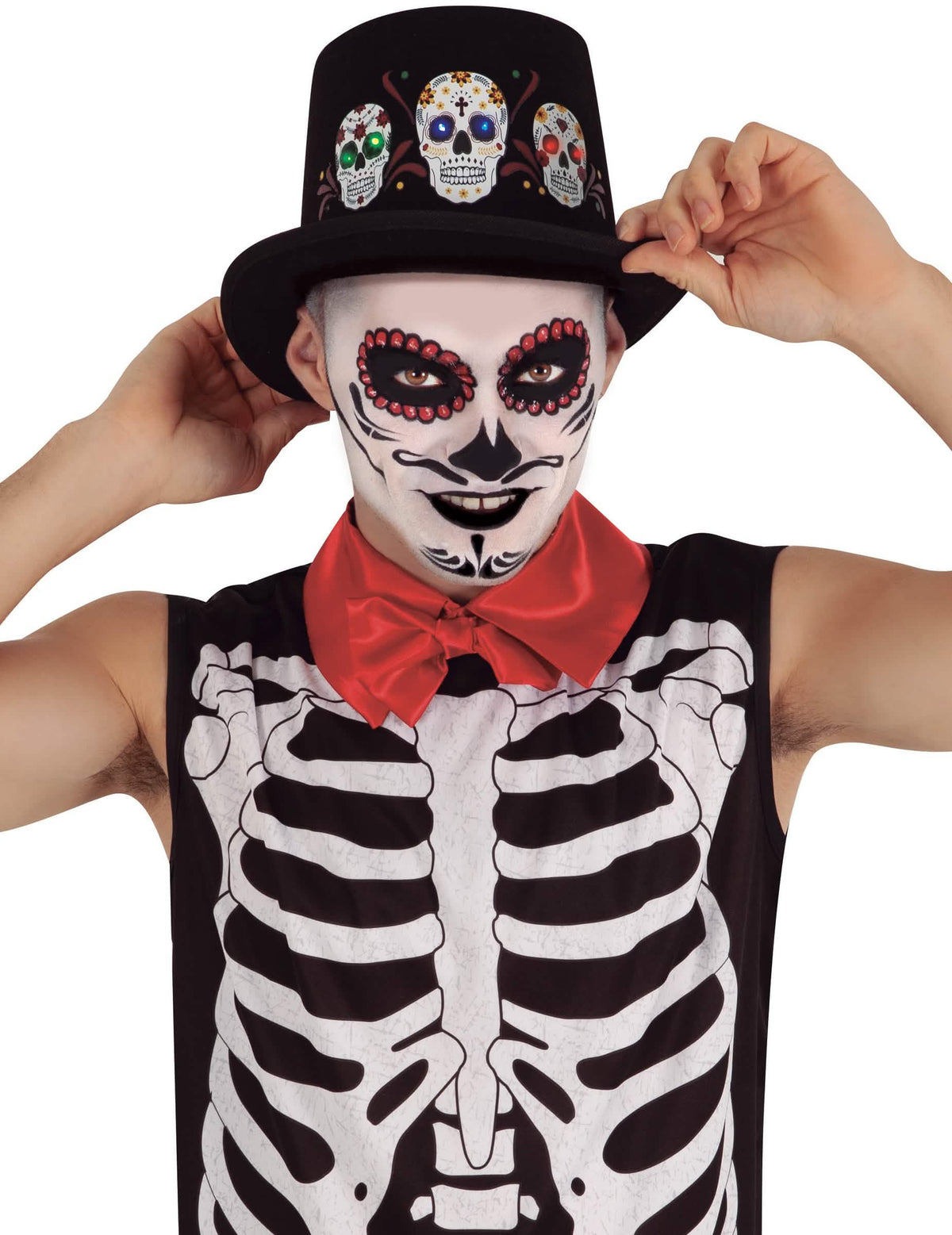 Svetelný klobúk Dia de los muertos pre dospelého čierna s lebkami