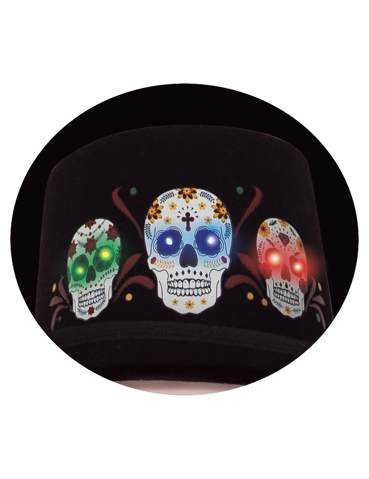 Detailný záber na svietiace lebky na svietiacom klobúku Dia de los muertos