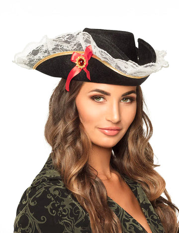 Chapeau pirate à dentelle pour femme noir avec liseré doré et nœud rouge