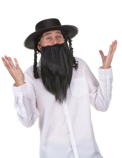 Chapeau de rabbi pour adulte noir avec papillotes et barbe