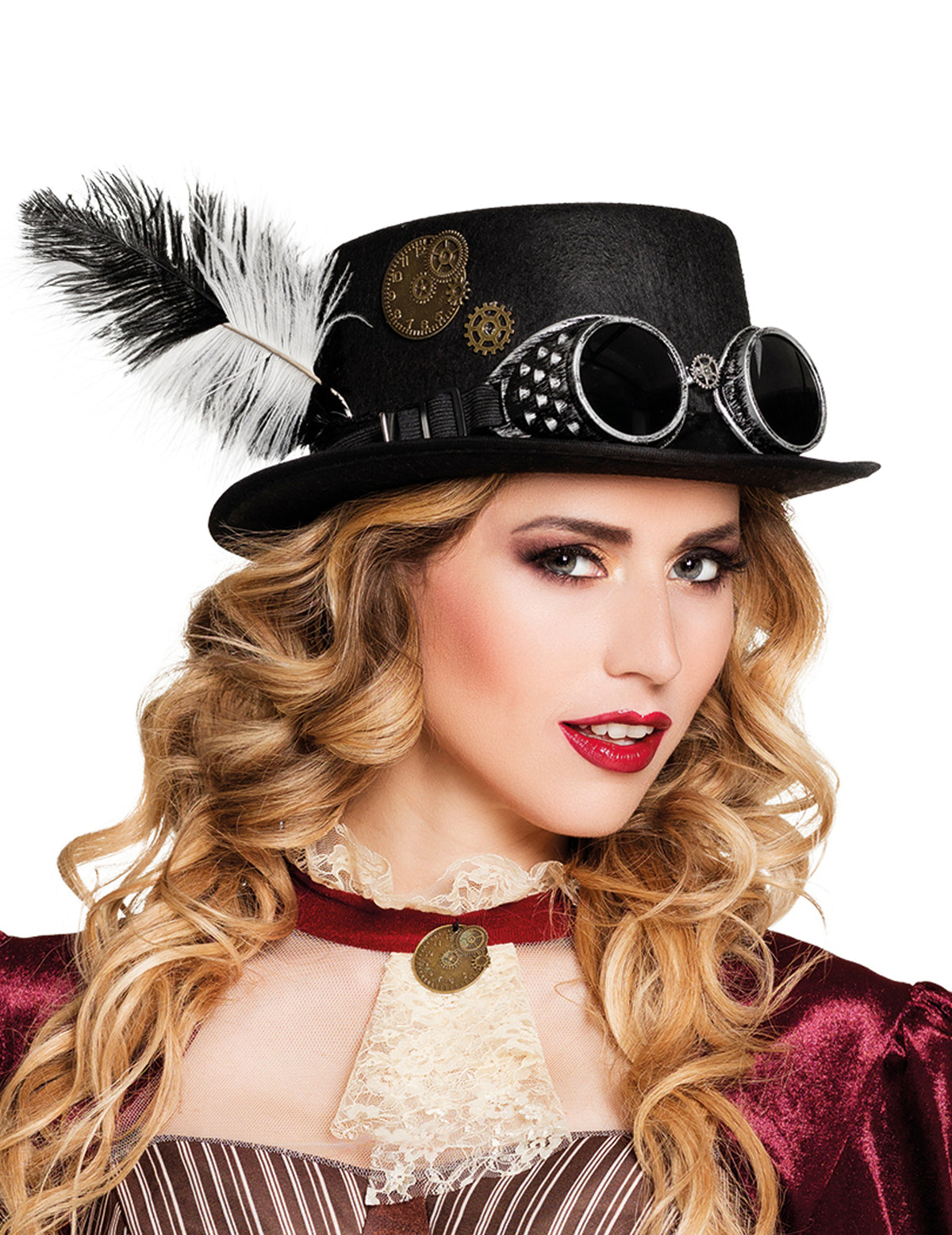 Chapeau Steampunk pour adulte noir avec rouages et plumes