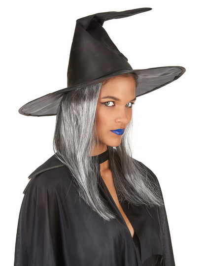 Čierny čarodejnícky klobúk s dospelými šedými vlasmi Halloween
