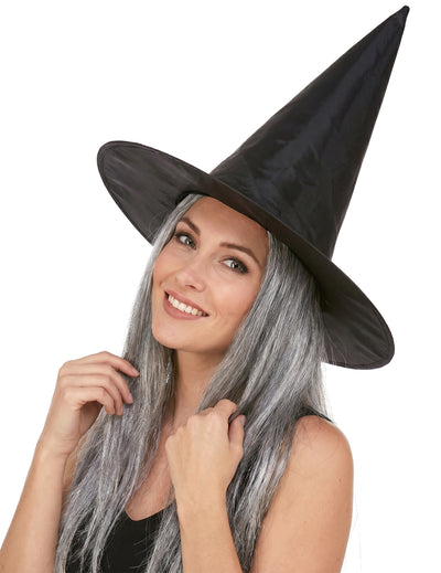 Čierny čarodejnícky klobúk s dospelými šedými vlasmi Halloween