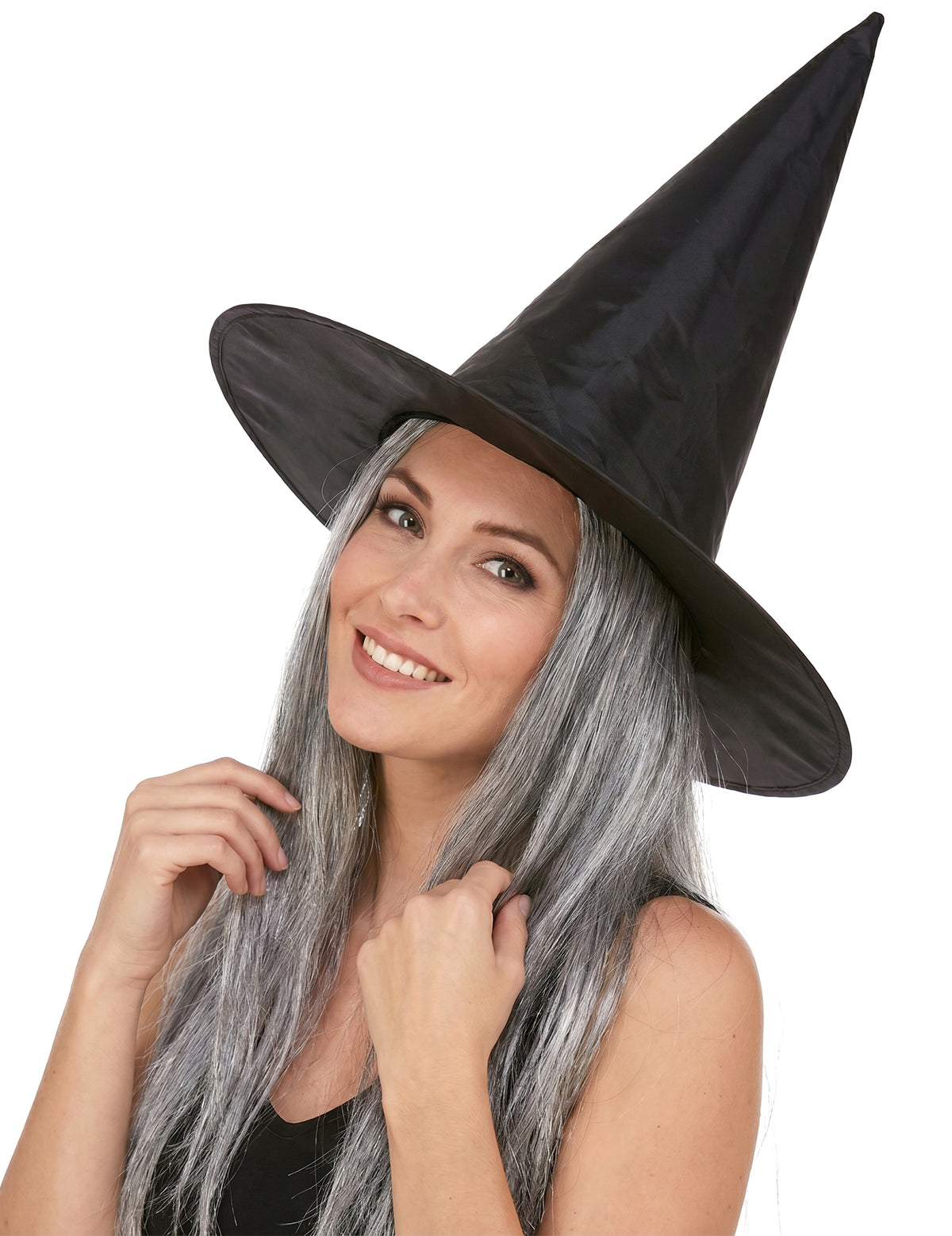 Čierny čarodejnícky klobúk s dospelými šedými vlasmi Halloween