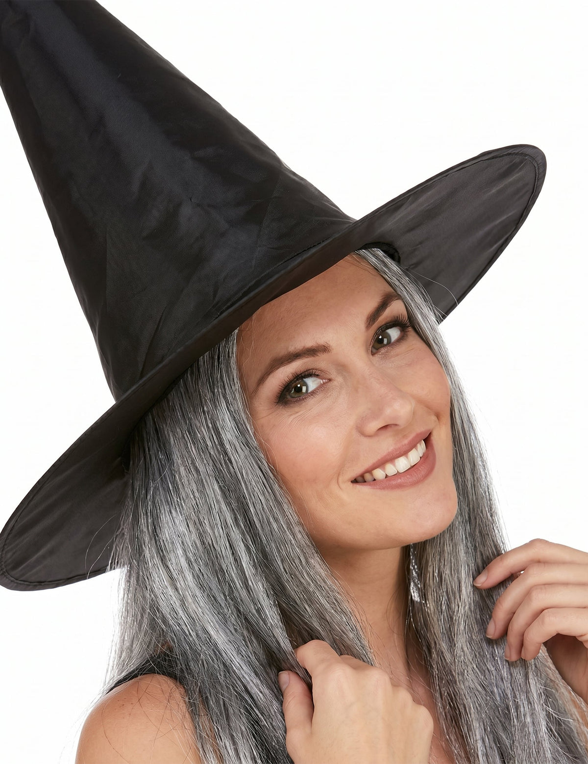Čierny čarodejnícky klobúk s dospelými šedými vlasmi Halloween