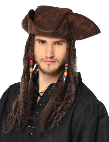 Chapeau tricorne pirate pour adulte marron avec cheveux