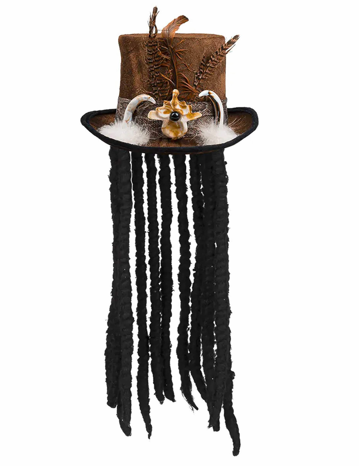 Pohľad spredu na voodoo klobúk s vlasmi pre dospelý