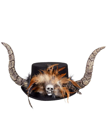Voodoo klobúk s rohmi pre dospelých a perie