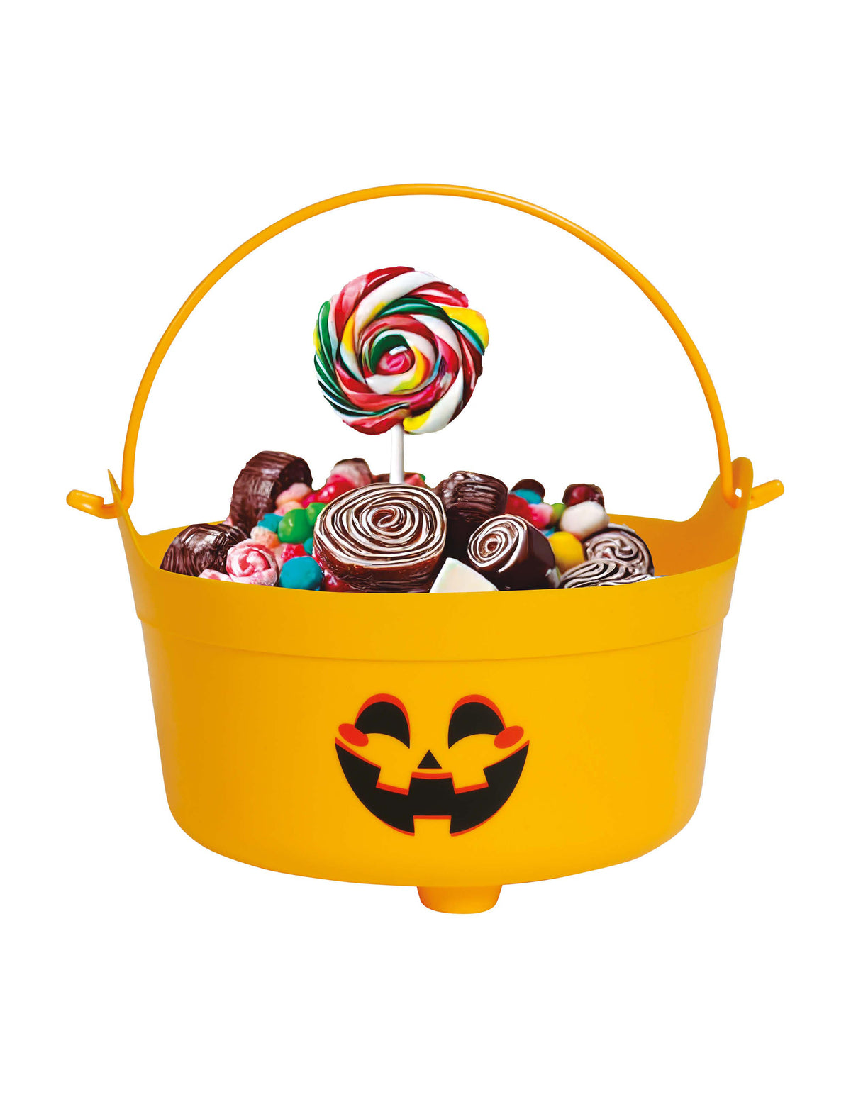 Chaudron citrouille pour Halloween orange avec motif visage rempli de bonbons