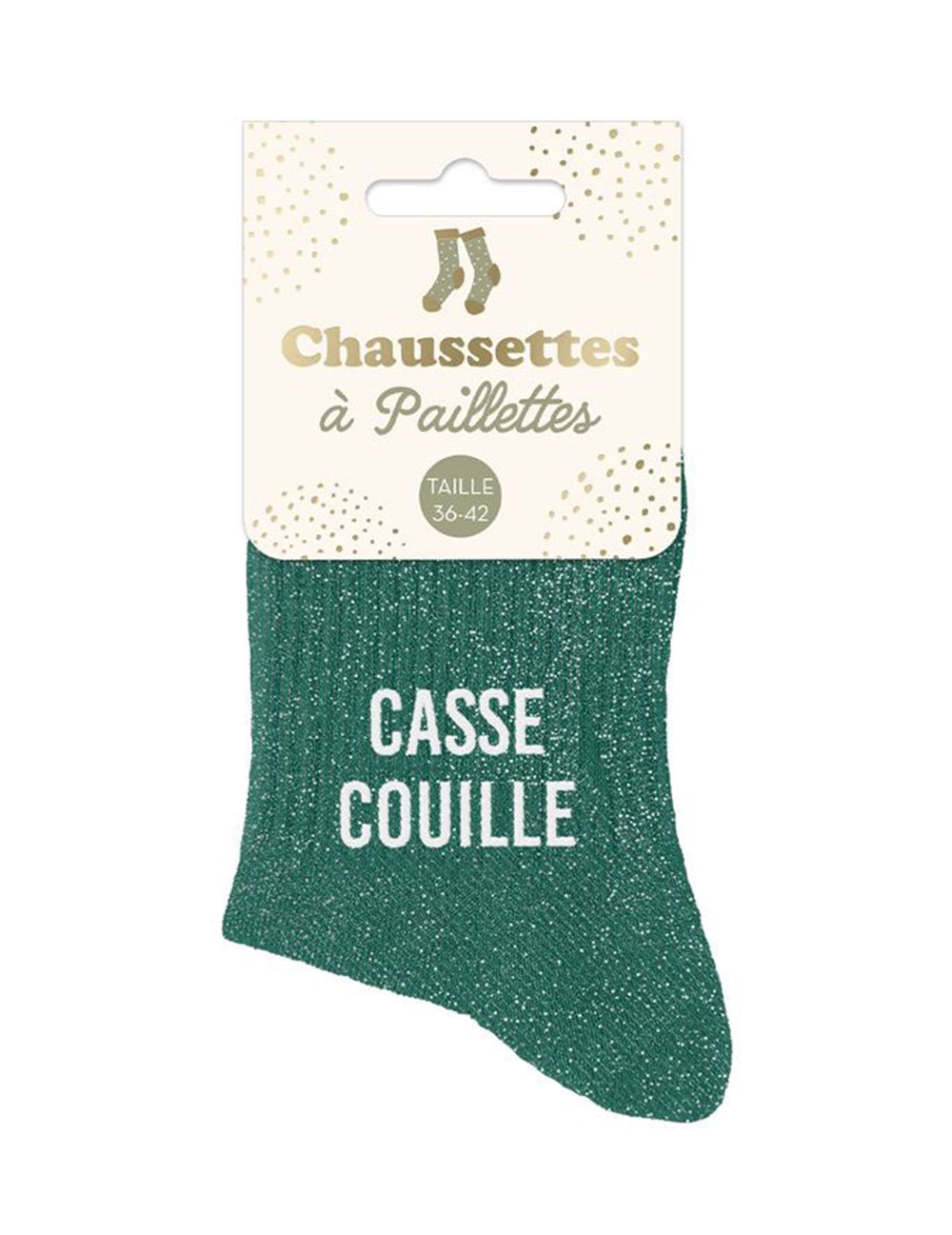 Détail de l'emballage des chaussettes à paillettes Casse couille
