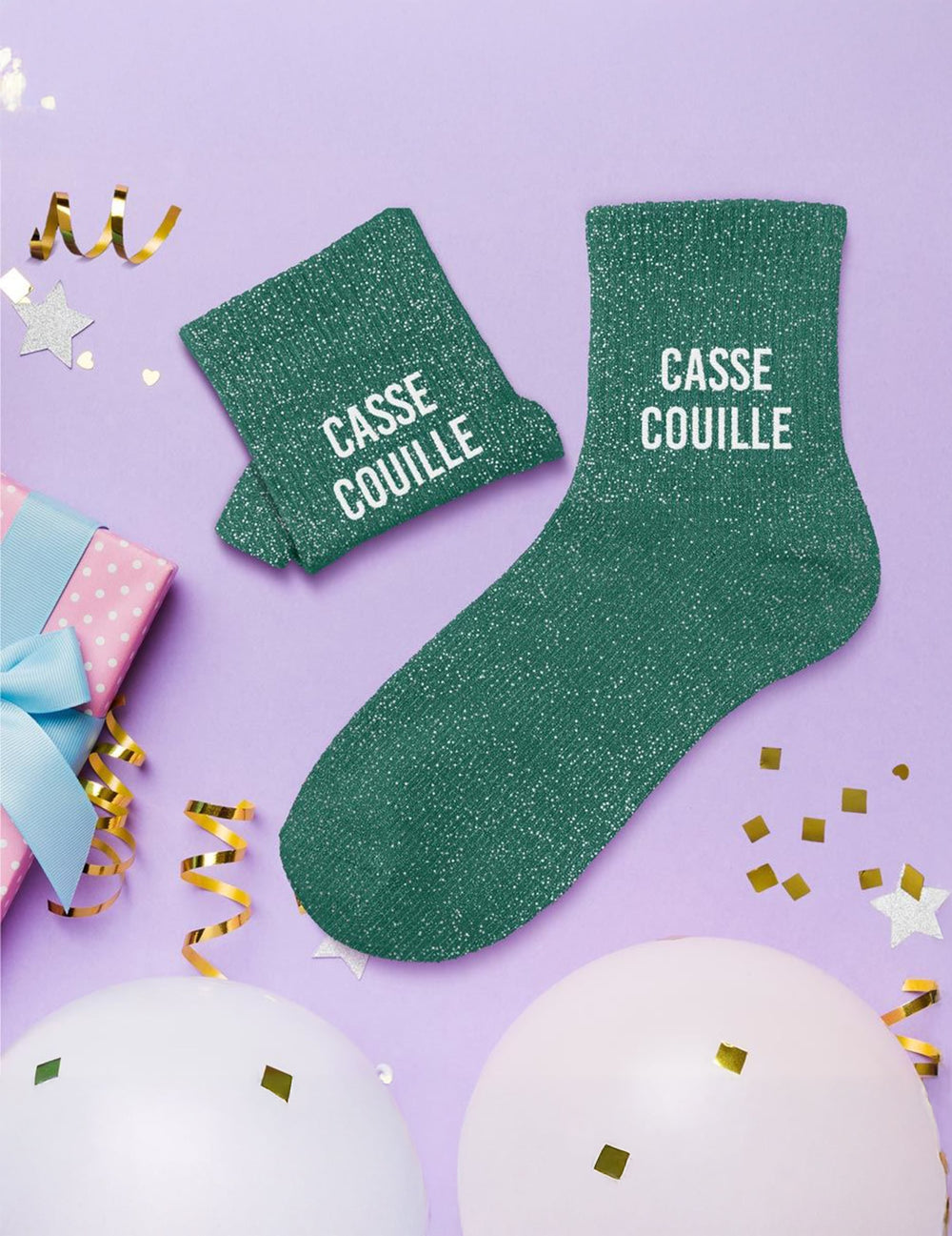 Vue d'ensemble à plat des chaussettes à paillettes Casse couille