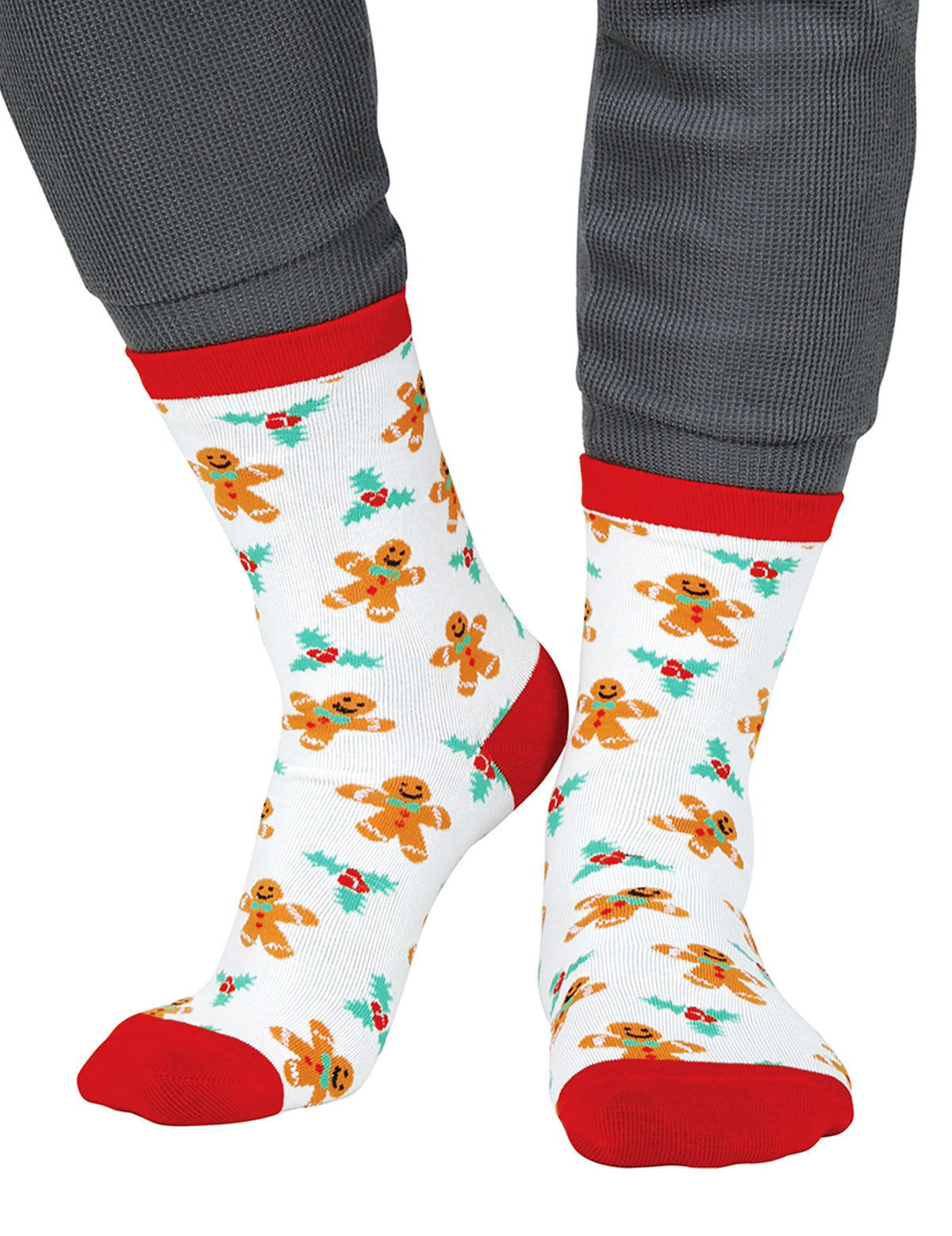 Chaussettes de Noël motifs pain d'épice pour adulte blanches et rouges