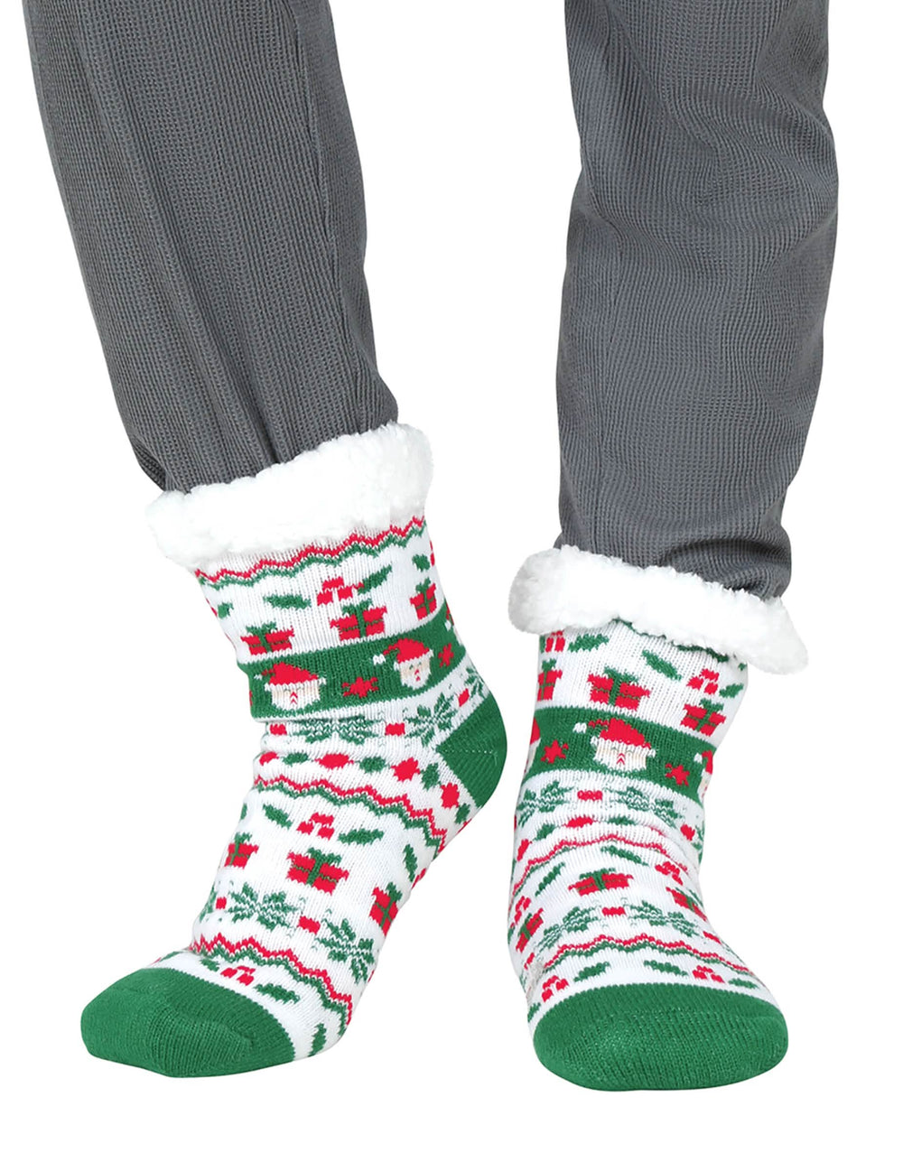 Chaussettes thermiques de Noël pour adulte blanches et vertes à motifs cadeaux et revers en moumoute blanche