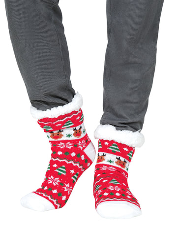 Červené vianočné termo ponožky s jeleňmi pre dospelých