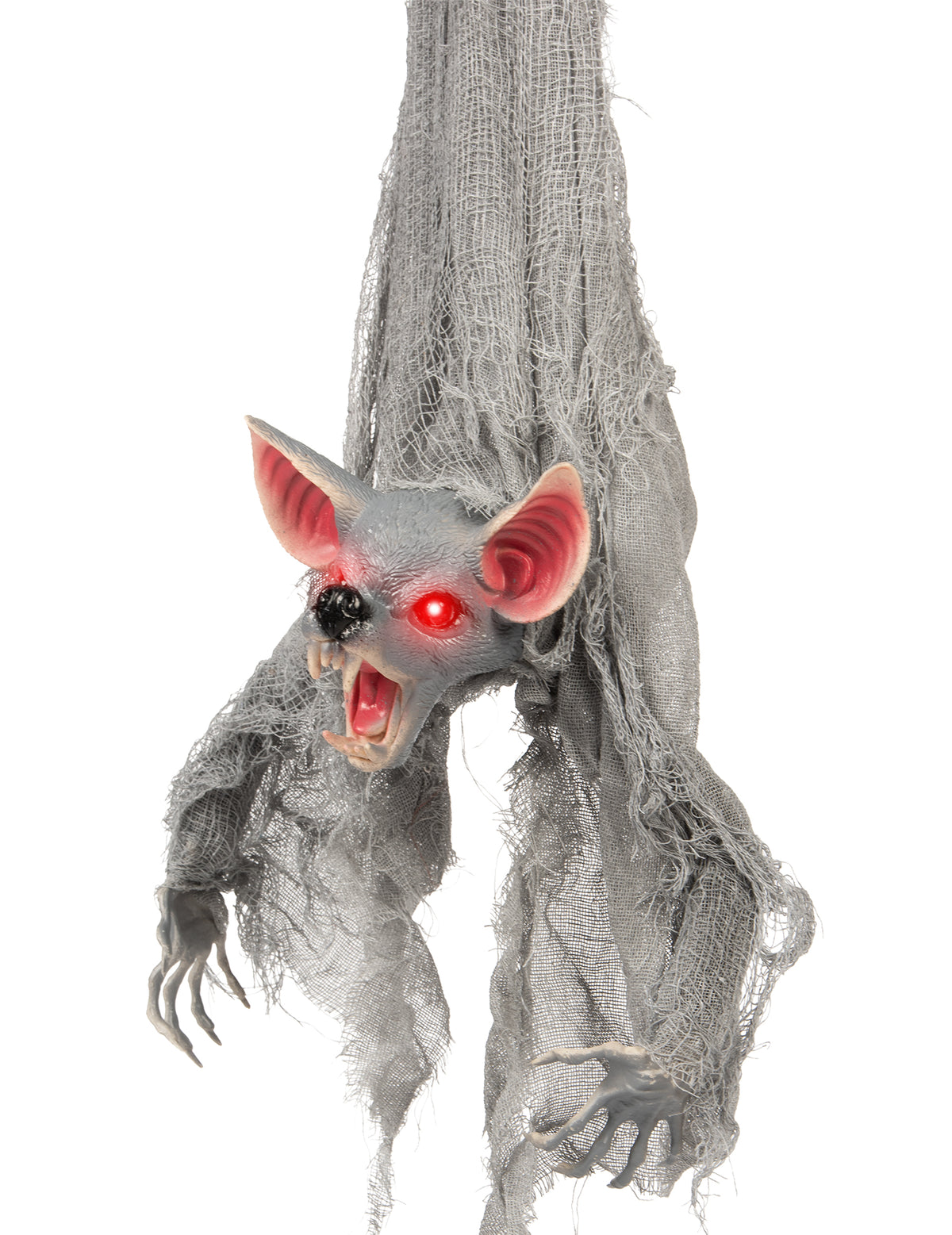 Gros plan sur la tête et les yeux lumineux de la chauve-souris animée suspendue pour Halloween