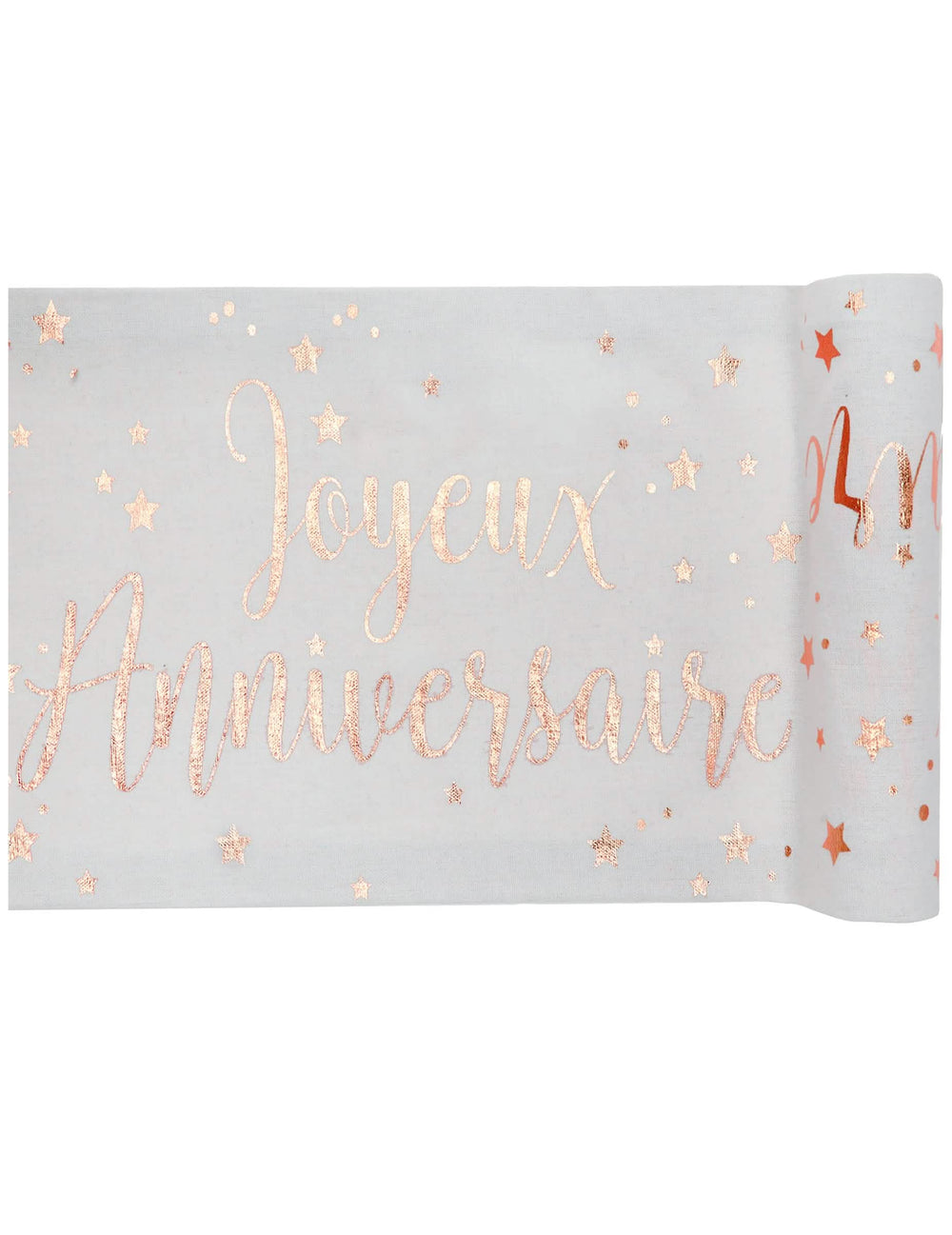 Bavlnený behúň na stôl na narodeniny v ružovom zlate s nápisom Joyeux Anniversaire a hviezdami