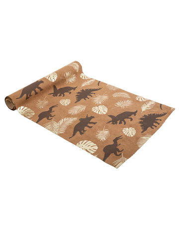 Prestieranie na stôl s dinosaurom z semišu v ťavej farbe 28 cm x 3 m zlaté listy